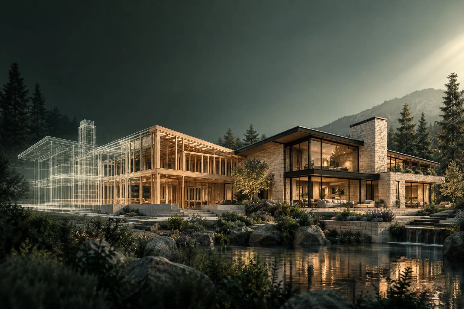 Conceptual architectural scene progressing from a building plan through timber framing to a completed stone-and-glass residence